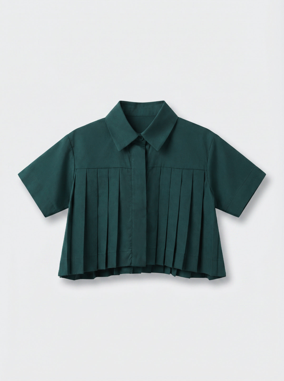 Girls Forest Green Cropped Knife-Pleat Collared Short-Sleeve Shirt
