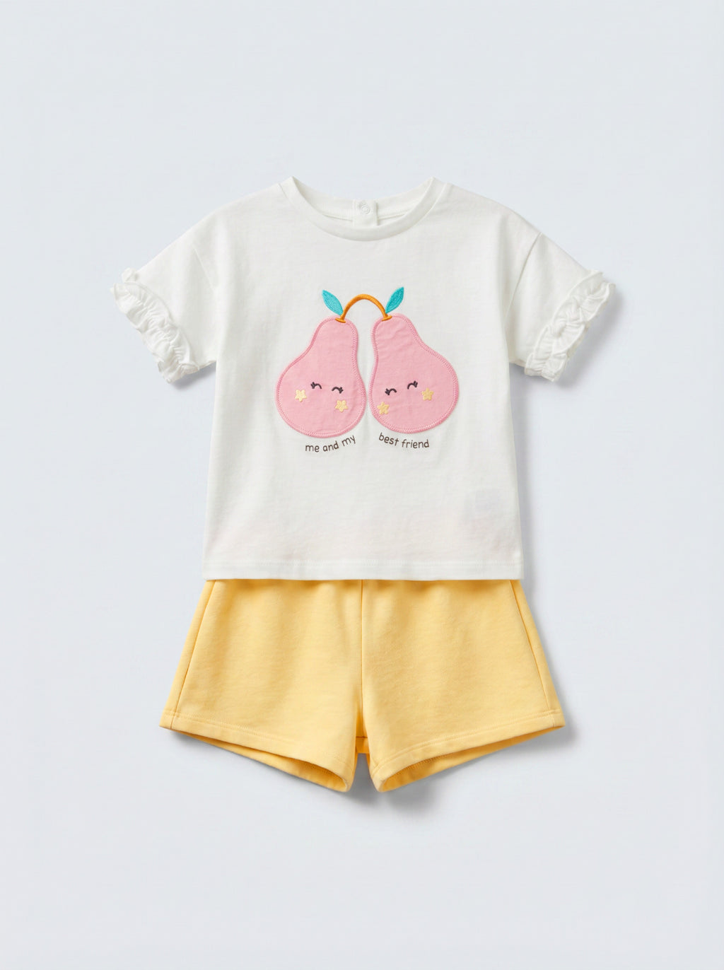 Baby Girl White Pear Print Ruffle T-Shirt & Yellow Shorts Set