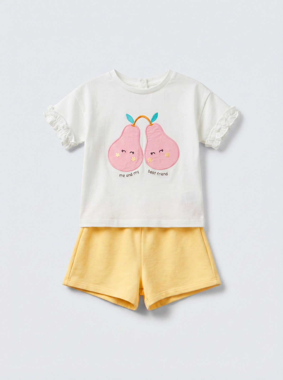 Baby Girl White Pear Print Ruffle T-Shirt & Yellow Shorts Set