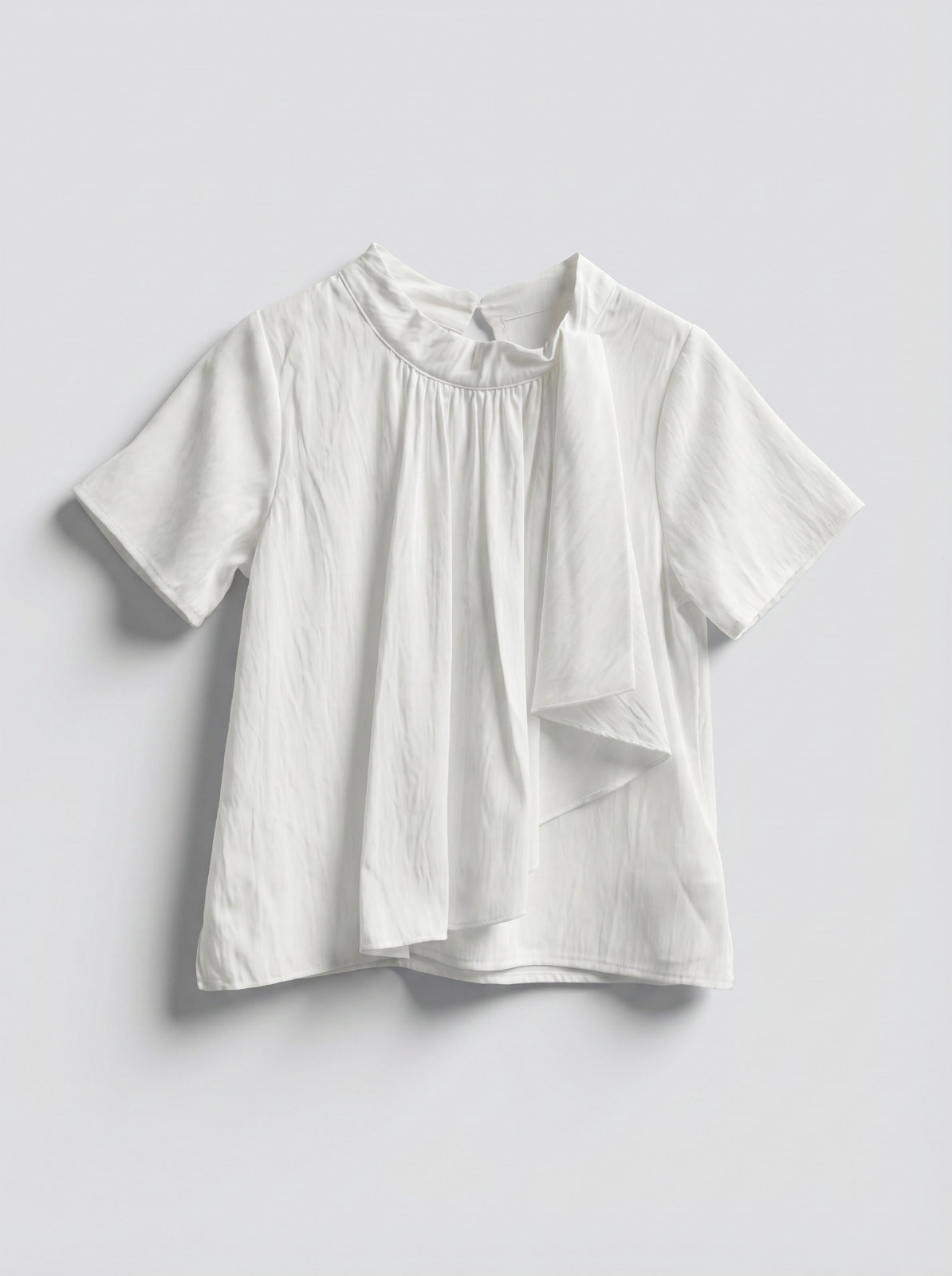 Girls White Gathered High-Neck Cascading Scarf-Drape Top