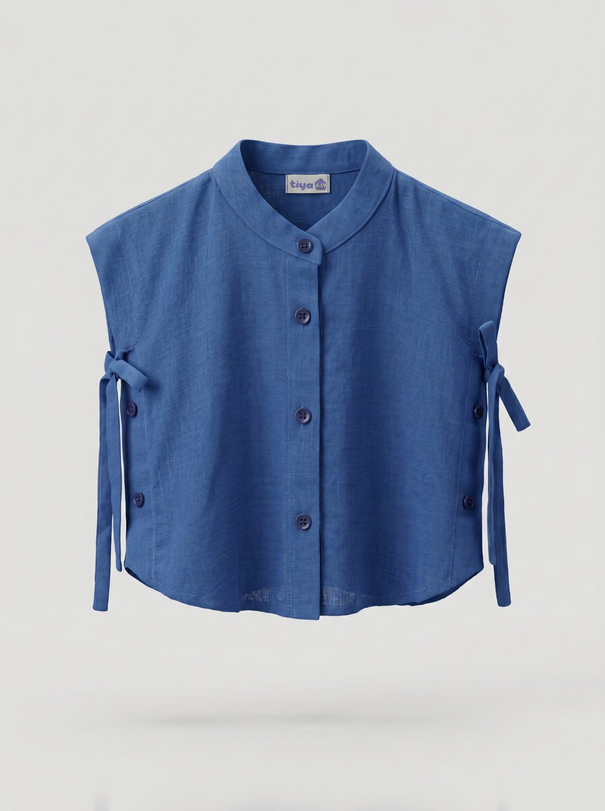 Girls Blue Linen-Look Side-Tie Sleeveless Button Shirt