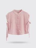 Girls Pink Linen-Look Side-Tie Sleeveless Button Shirt