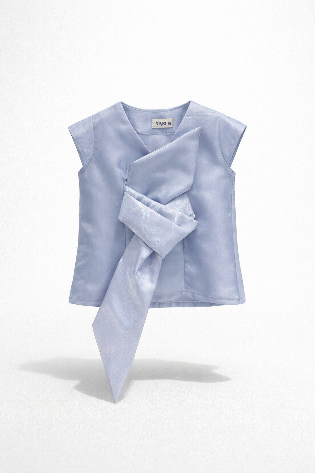 Girls Periwinkle Blue Satin Draped Knot Front Sleeveless Blouse