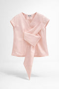 Girls Blush Pink Satin Sleeveless V-Neck Blouse with Oversized Draped Bow Sash