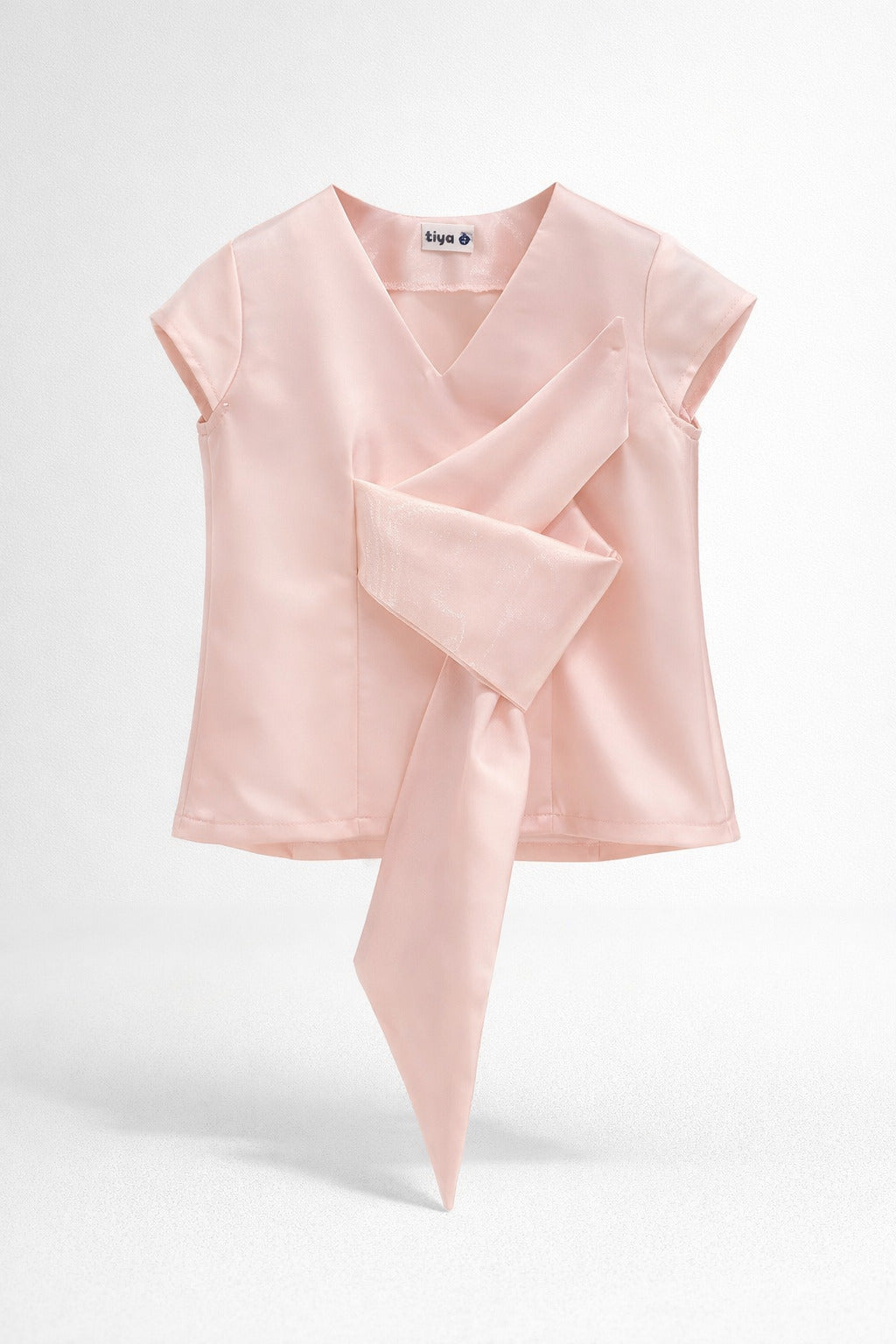 Girls Blush Pink Satin Sleeveless V-Neck Blouse with Oversized Draped Bow Sash