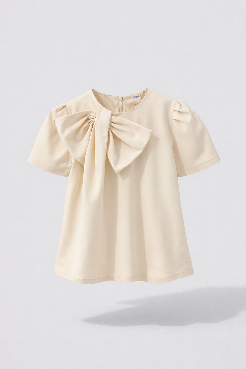 Girls Cream Statement Bow Puff Sleeve Mini Dress