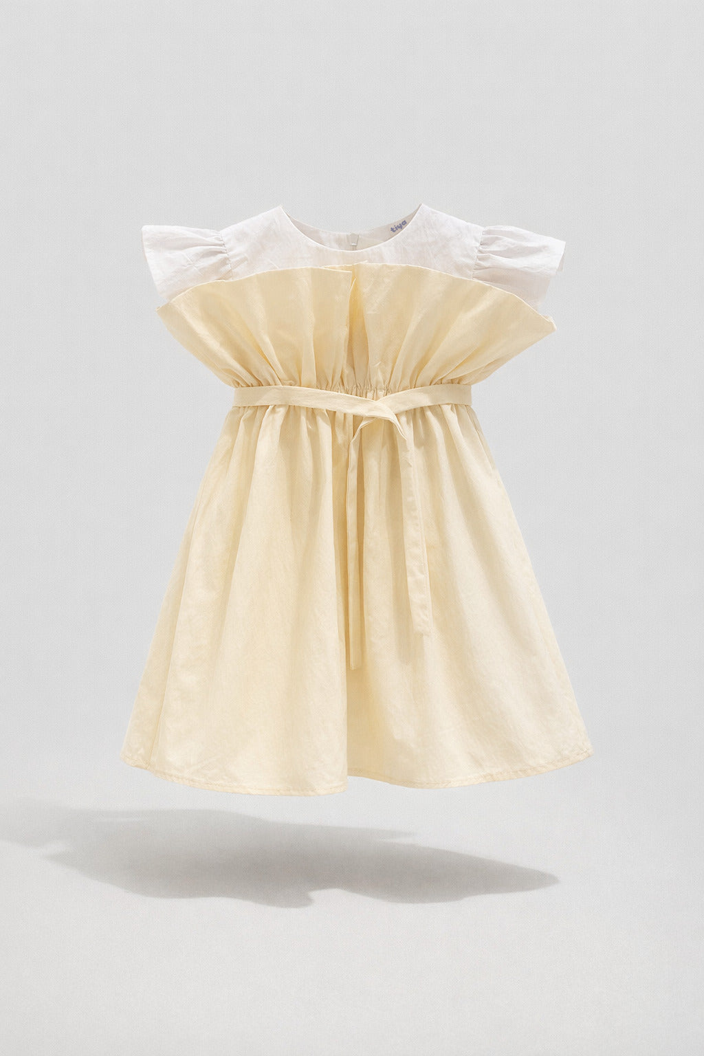 Girls Yellow White Ruffle Flutter Yoke Belted Dress