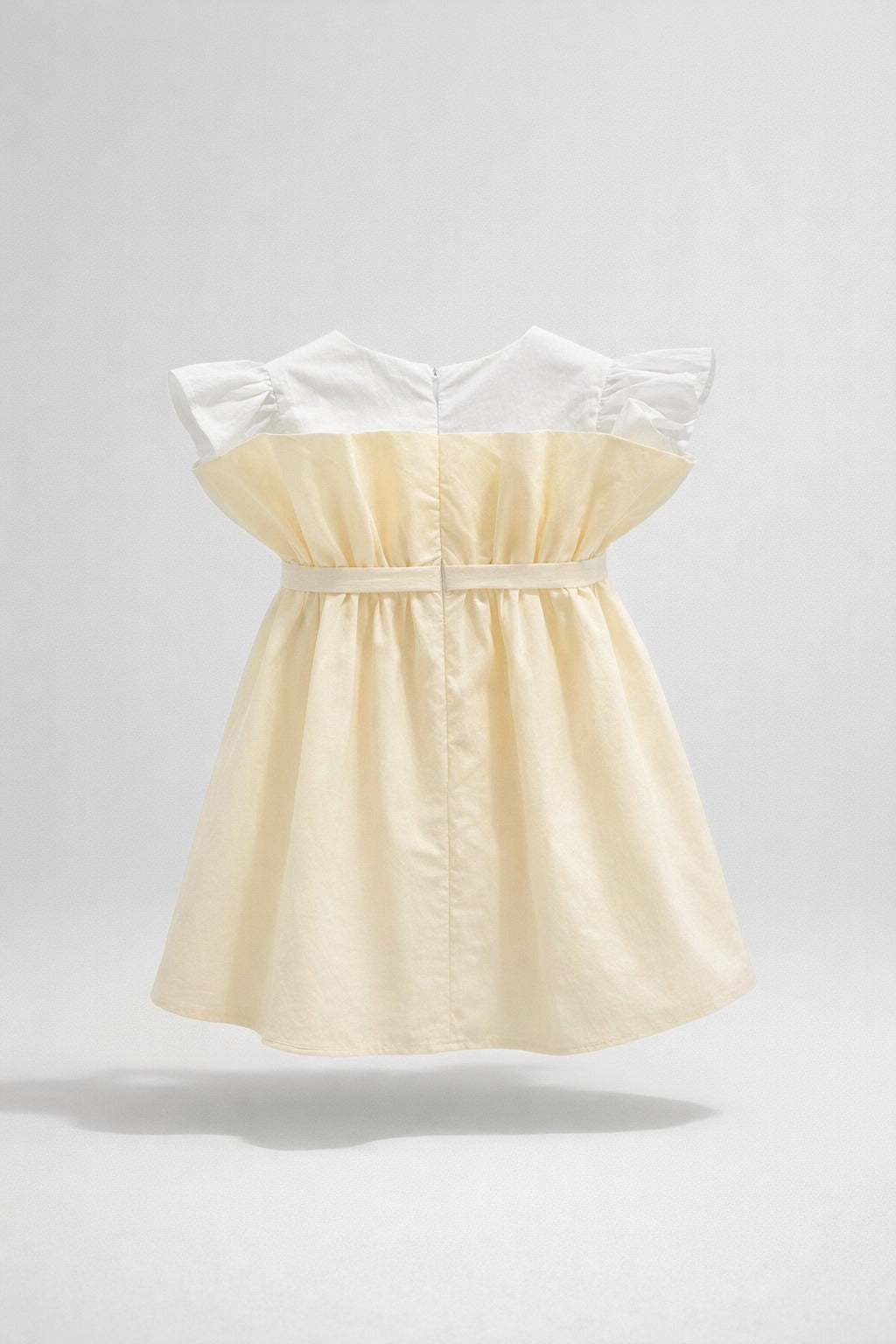 Girls Yellow White Ruffle Flutter Yoke Belted Dress