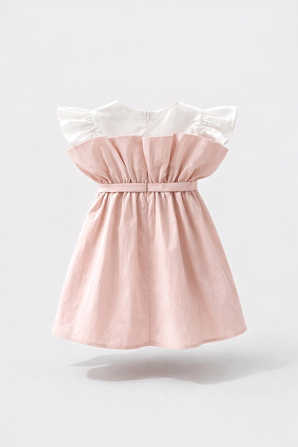 Girls Pink White Ruffle Flutter Yoke Belted Dress