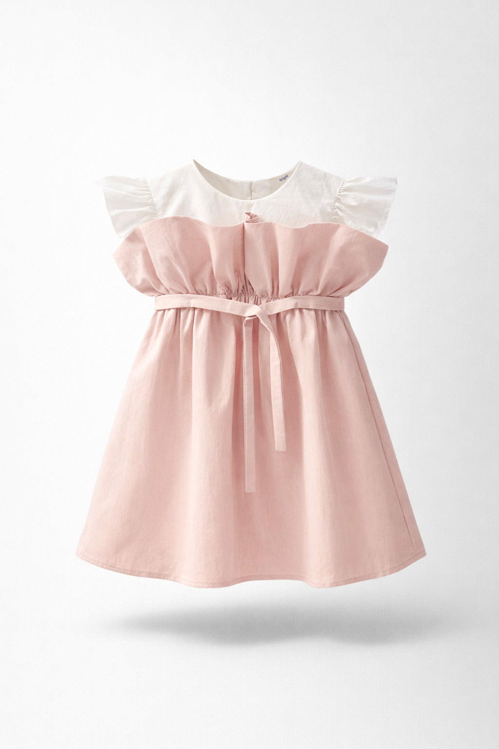 Girls Pink White Ruffle Flutter Yoke Belted Dress