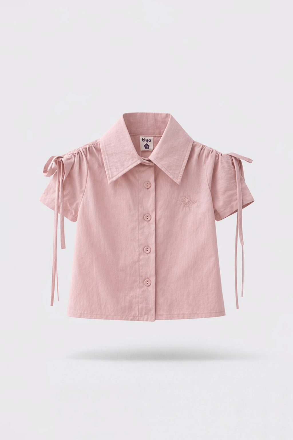 Girls Pink Ruched Puff Sleeve Tiya Logo Button Shirt