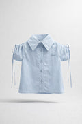 Girls Sky Blue Ruched Puff Sleeve Tiya Logo Button Shirt
