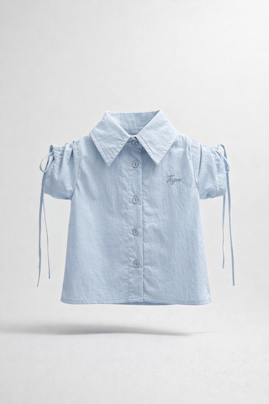 Girls Sky Blue Ruched Puff Sleeve Tiya Logo Button Shirt