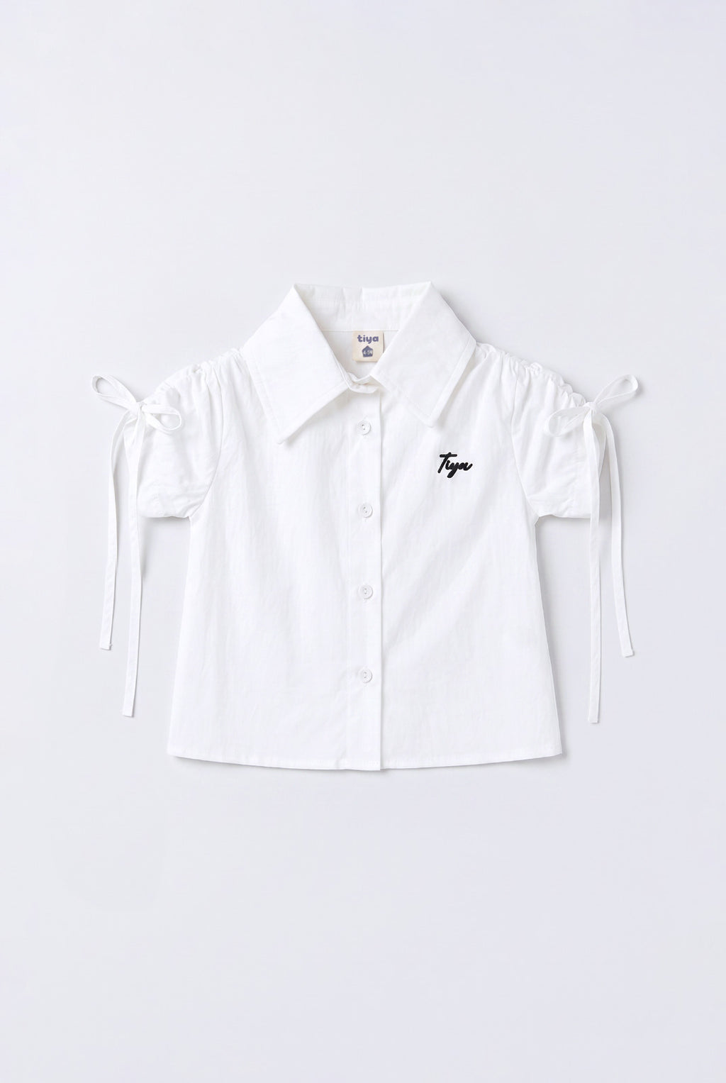 Girls White Ruched Puff Sleeve Tiya Logo Button Shirt
