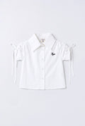Girls White Ruched Puff Sleeve Tiya Logo Button Shirt