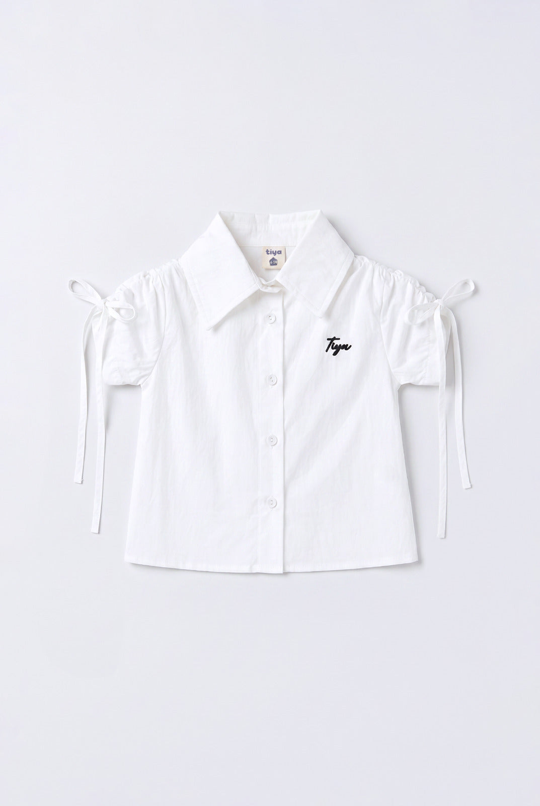 Girls White Ruched Puff Sleeve Tiya Logo Button Shirt