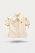 Girls Beige Ruched Puff Sleeve Tiya Logo Button Shirt