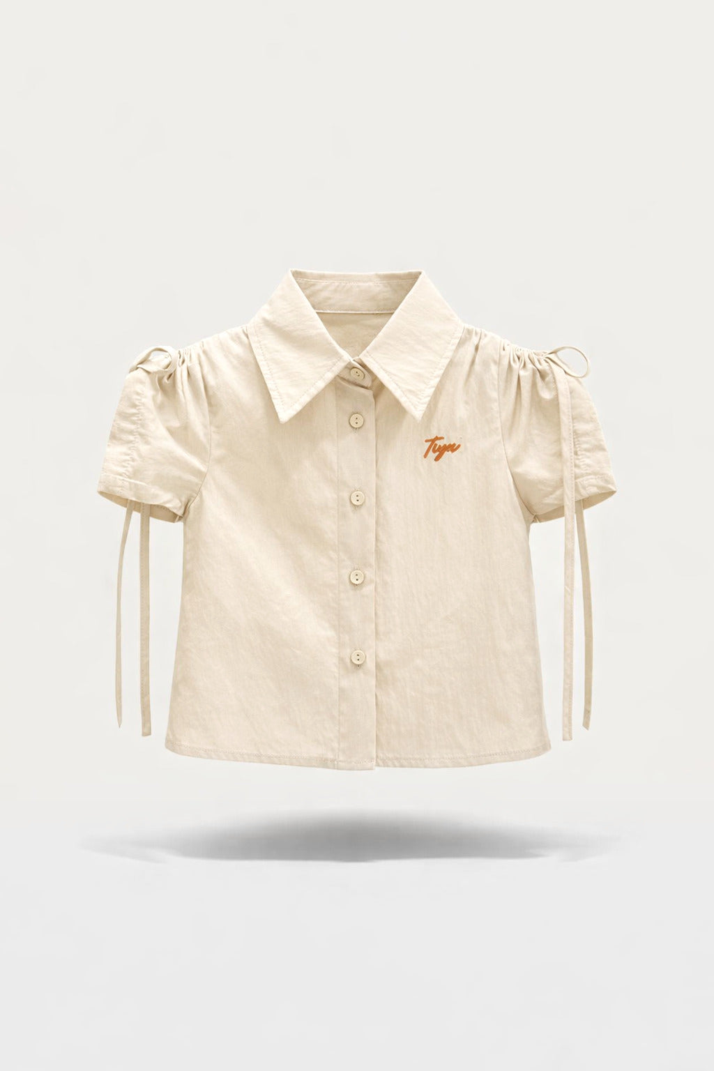 Girls Beige Ruched Puff Sleeve Tiya Logo Button Shirt