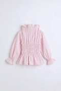 Girls Pink Smocked Waist Ruffle Collar Puff Sleeve Blouse
