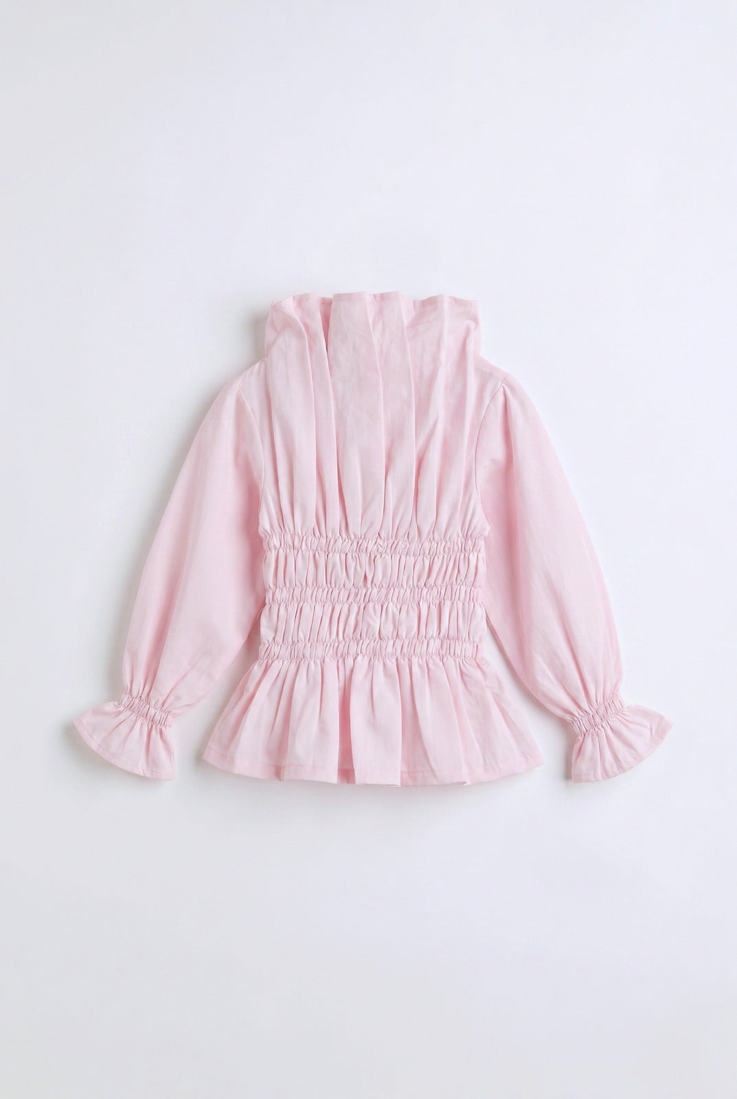 Girls Pink Smocked Waist Ruffle Collar Puff Sleeve Blouse