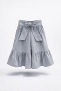 Girls Blue Grey Bow Tie Waist Tiered Ruffle Wide-Leg Culottes