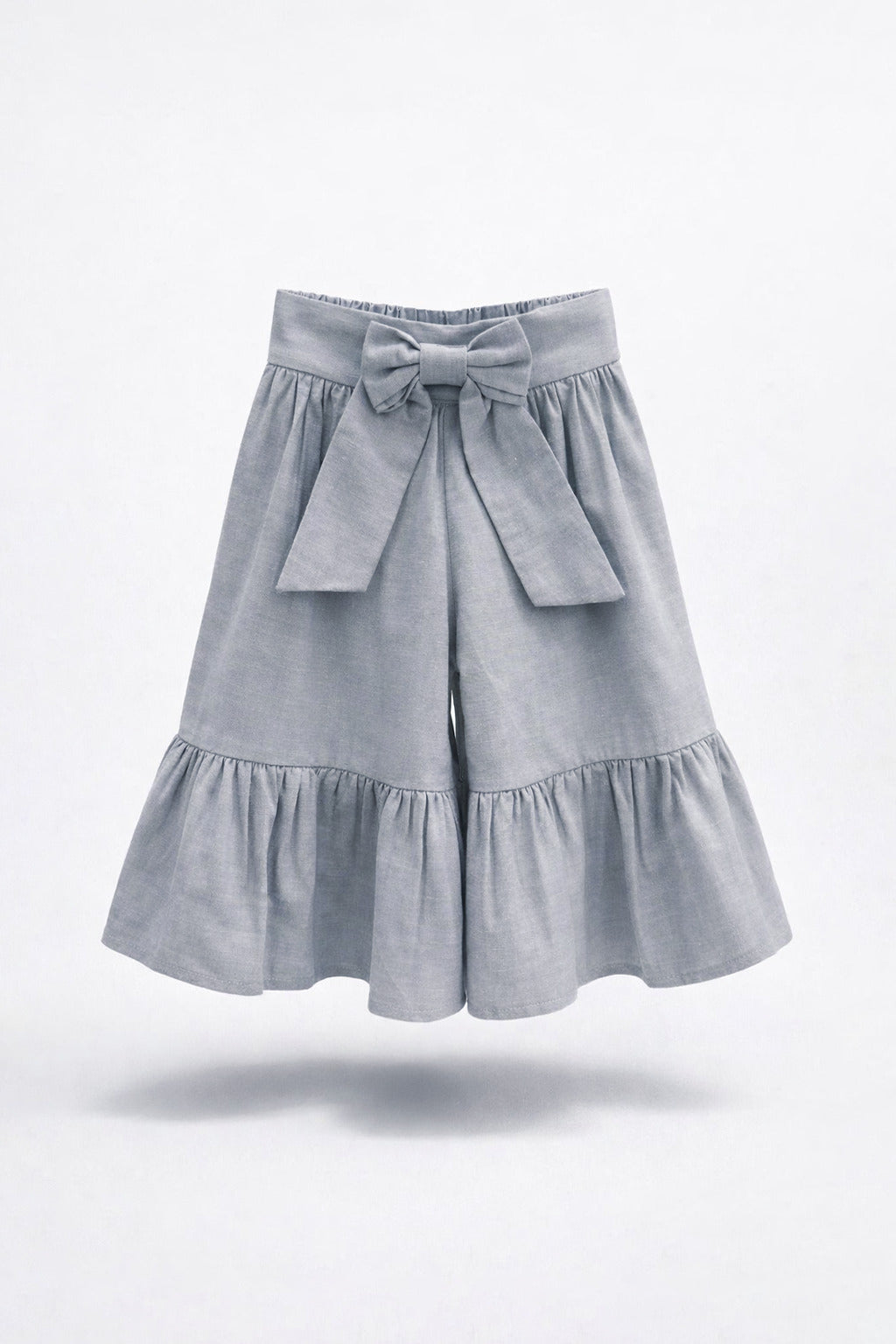 Girls Blue Grey Bow Tie Waist Tiered Ruffle Wide-Leg Culottes