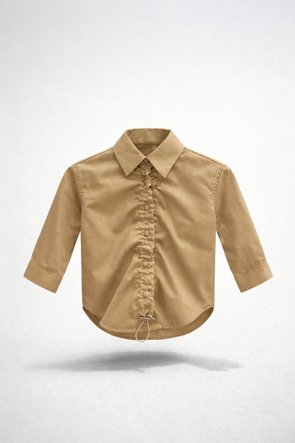 Girls Brown Ruched Drawstring Hem Long Sleeve Shirt