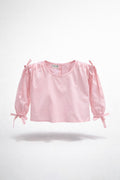 Girls Pink Shoulder Tie Puff Balloon Sleeve Cropped Blouse