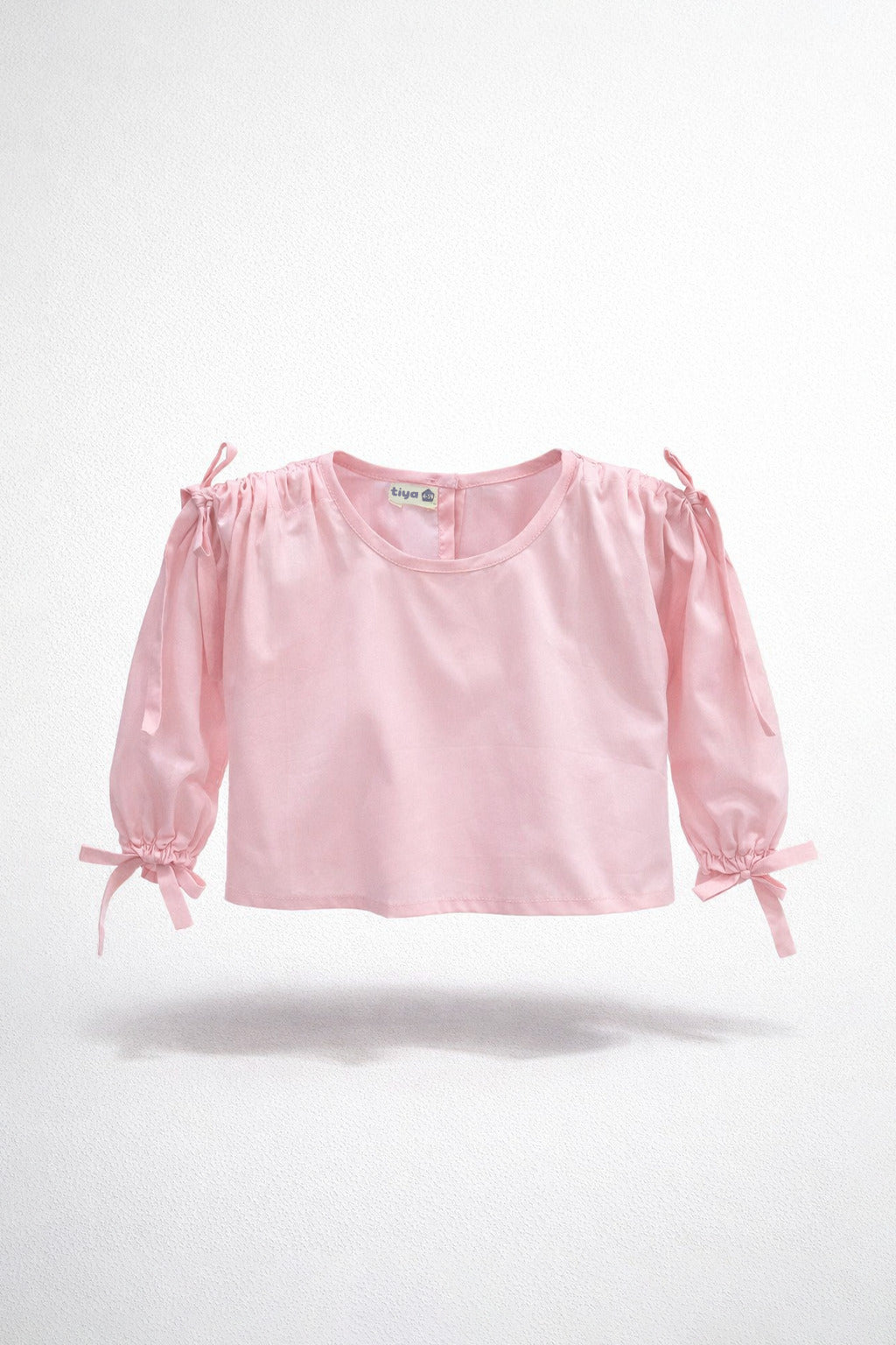 Girls Pink Shoulder Tie Puff Balloon Sleeve Cropped Blouse