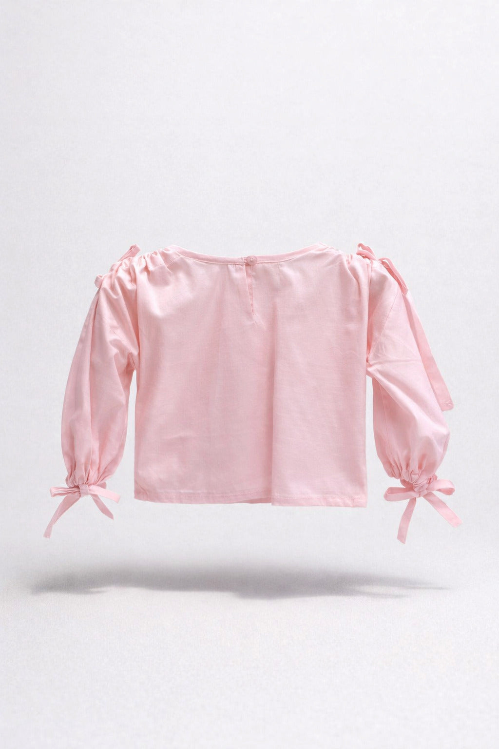 Girls Pink Shoulder Tie Puff Balloon Sleeve Cropped Blouse