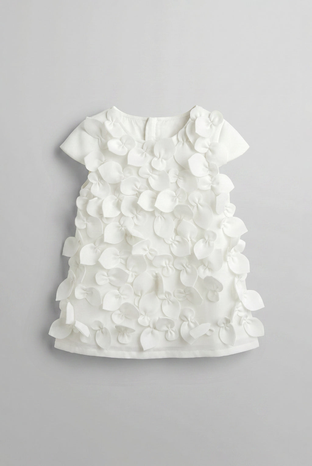 Girls White 3D Satin Petal Appliqué Short Sleeve Dress