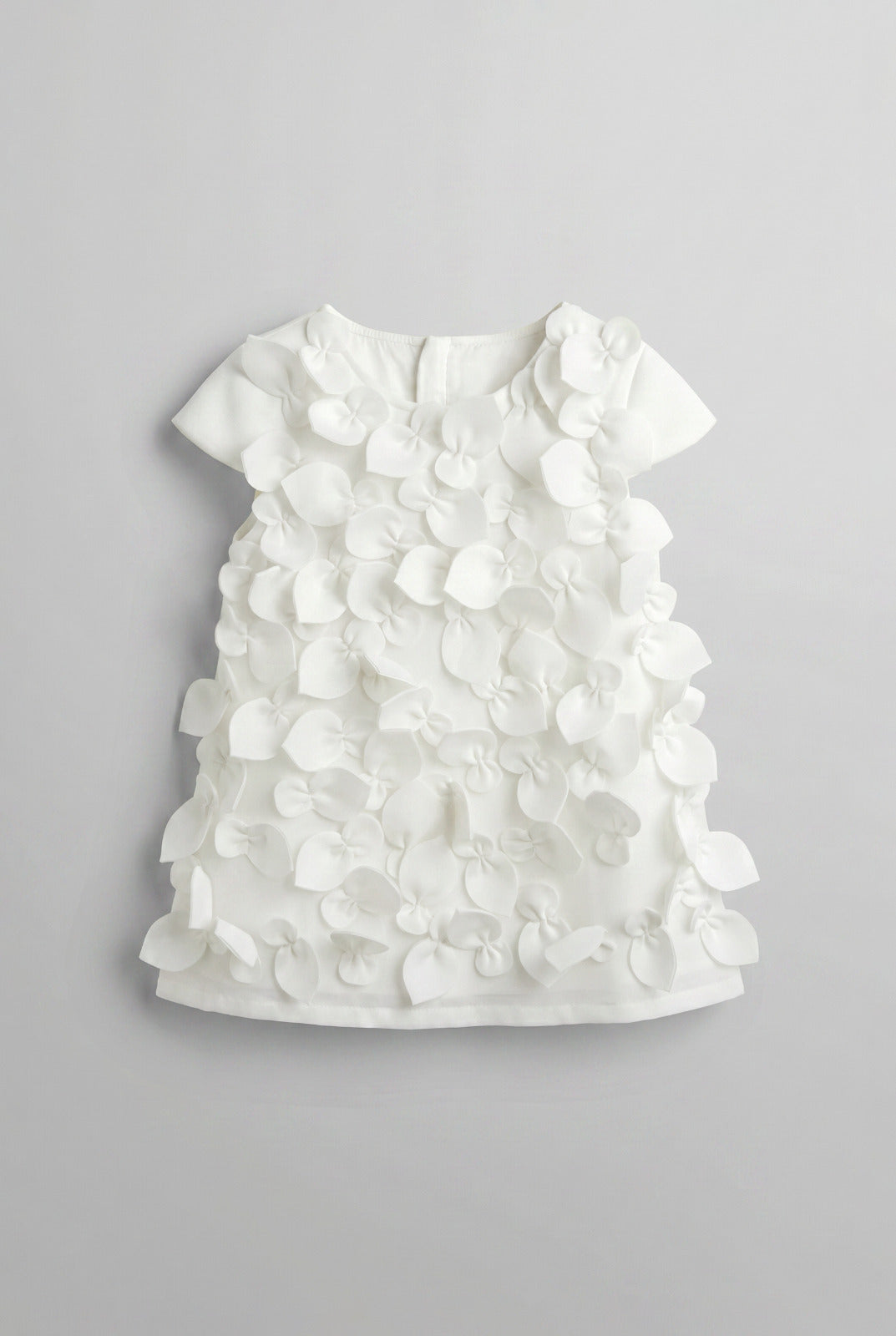 Girls White 3D Satin Petal Appliqué Short Sleeve Dress