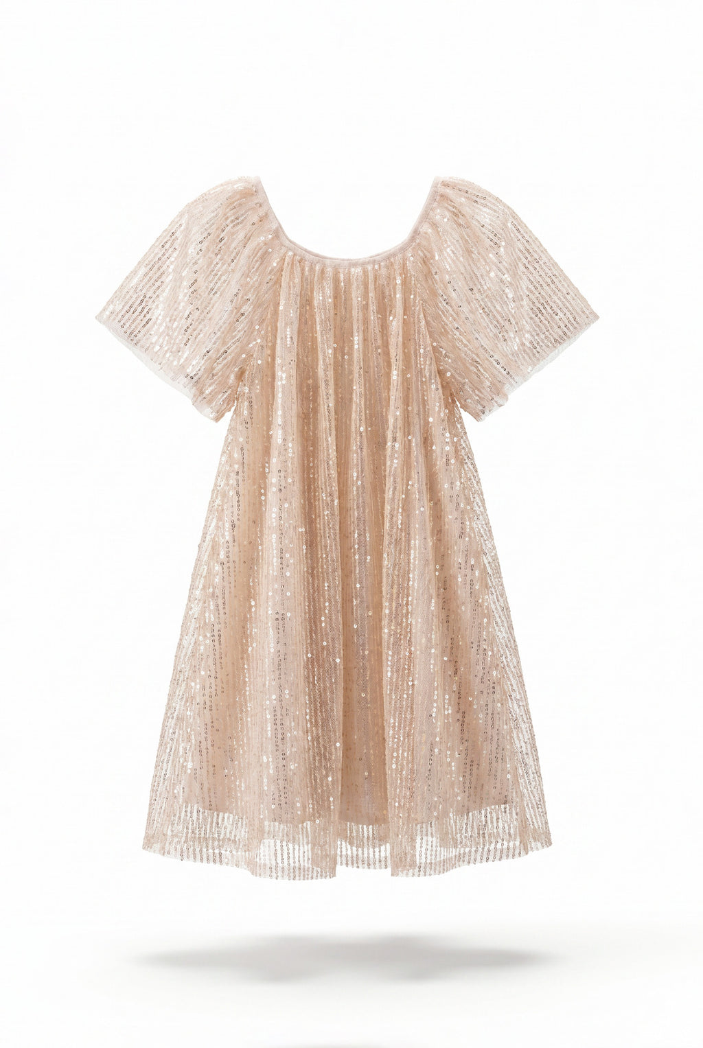 Girls Blush Pink All-Over Sequin Puff Sleeve Party Dress