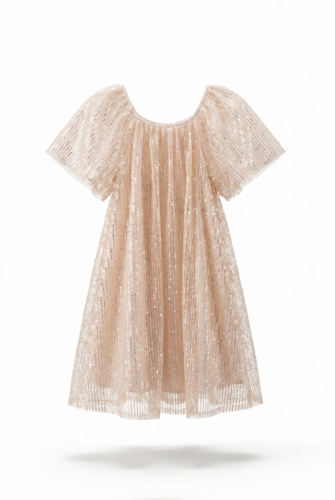 Girls Blush Pink All-Over Sequin Puff Sleeve Party Dress