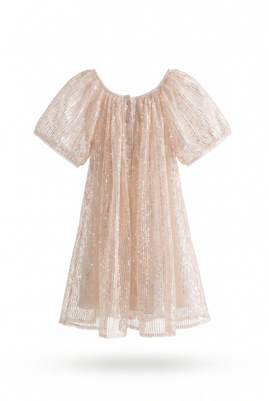 Girls Blush Pink All-Over Sequin Puff Sleeve Party Dress