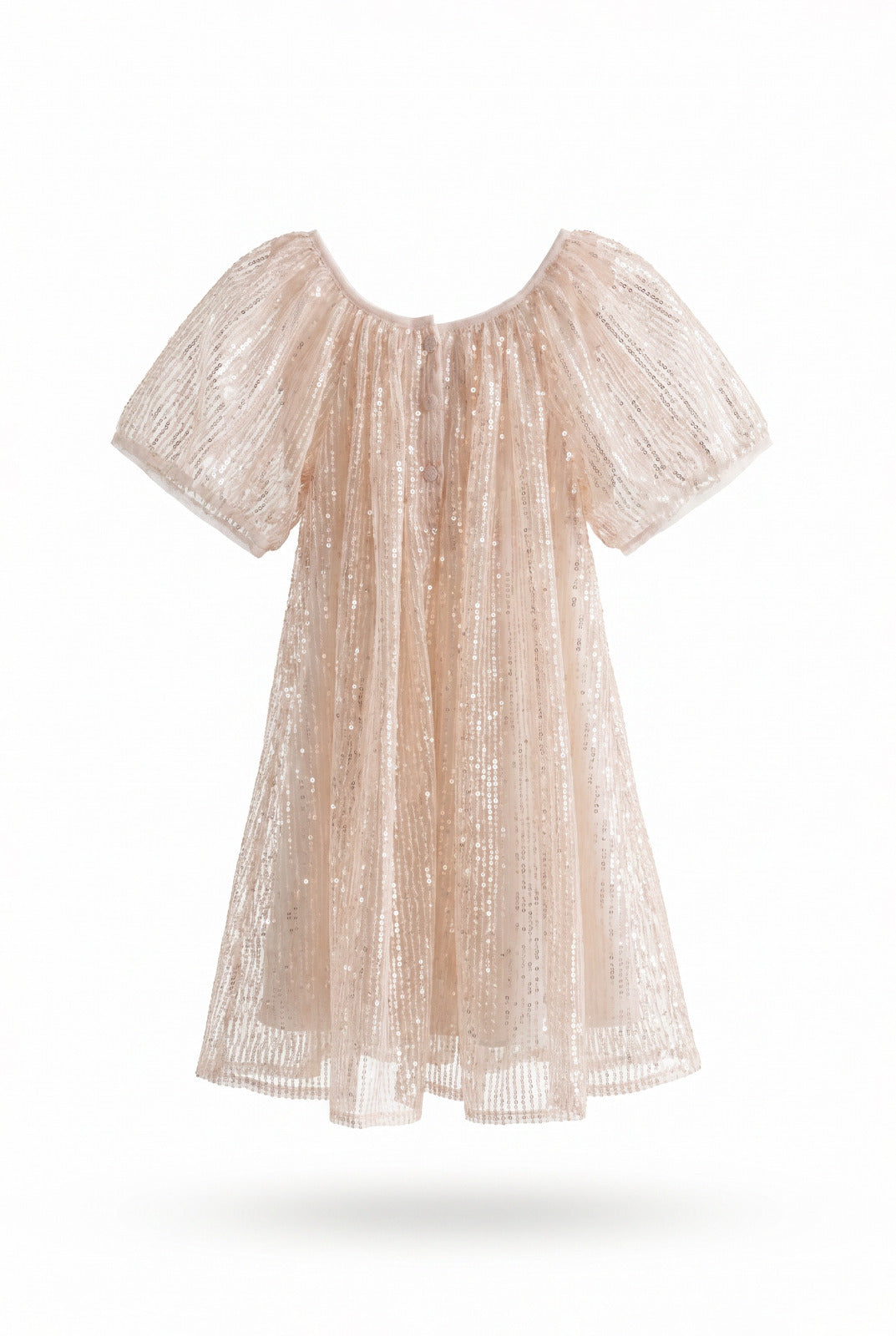 Girls Blush Pink All-Over Sequin Puff Sleeve Party Dress