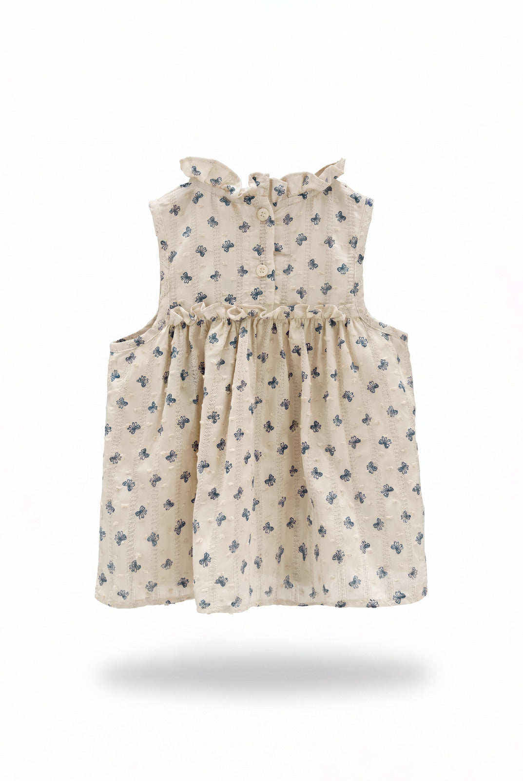 Girls Cream Blue Butterfly Embroidery Ruffle Neck Sleeveless Top