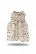 Girls Cream Blue Butterfly Embroidery Ruffle Neck Sleeveless Top