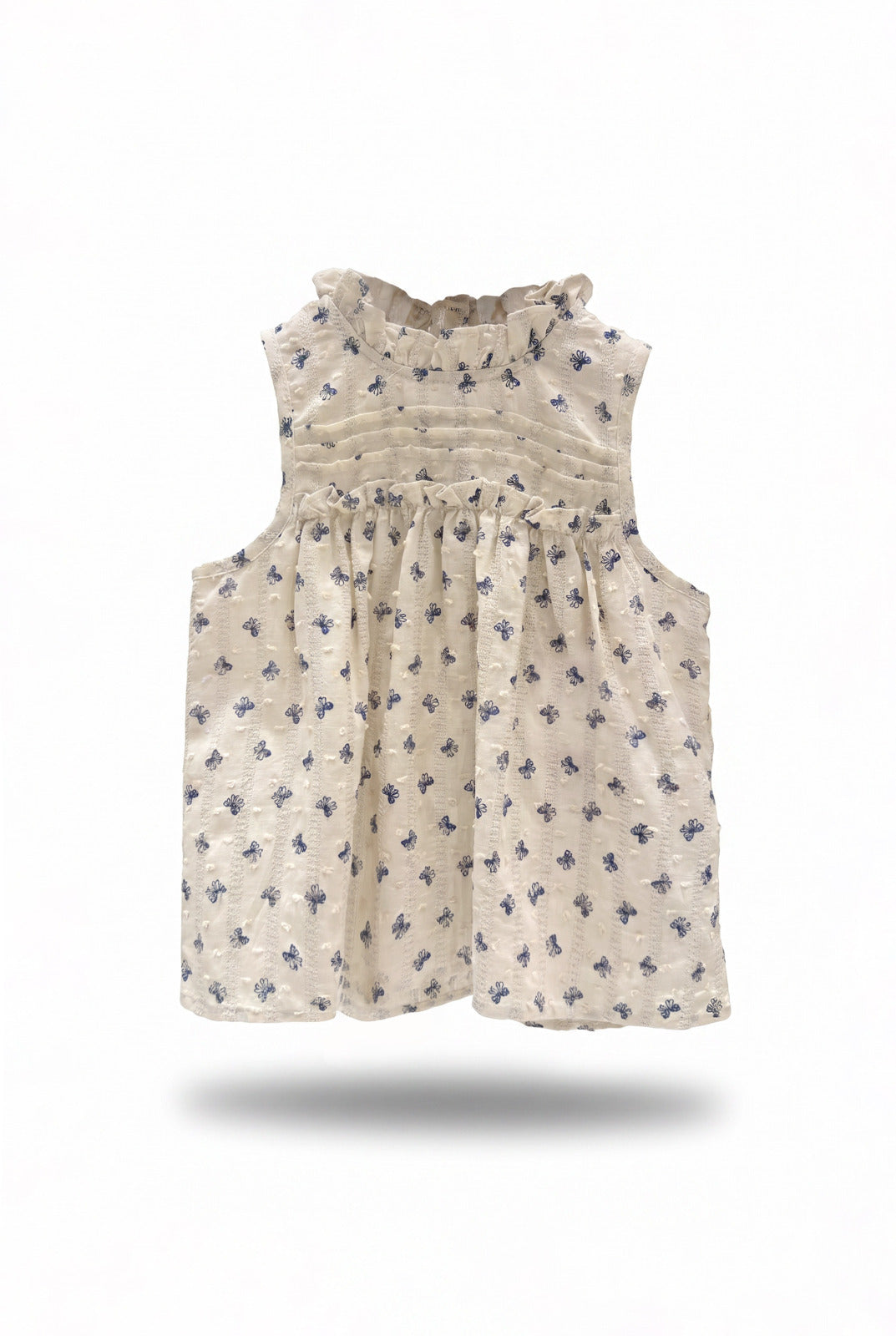 Girls Cream Blue Butterfly Embroidery Ruffle Neck Sleeveless Top