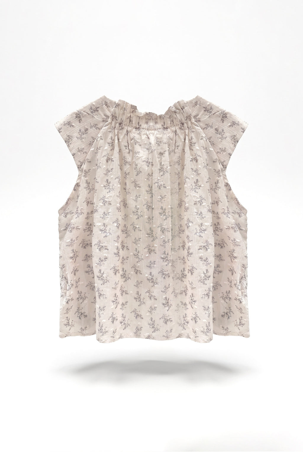Girls Cream Ditsy Floral Print Gathered Neck Flutter Sleeve Top