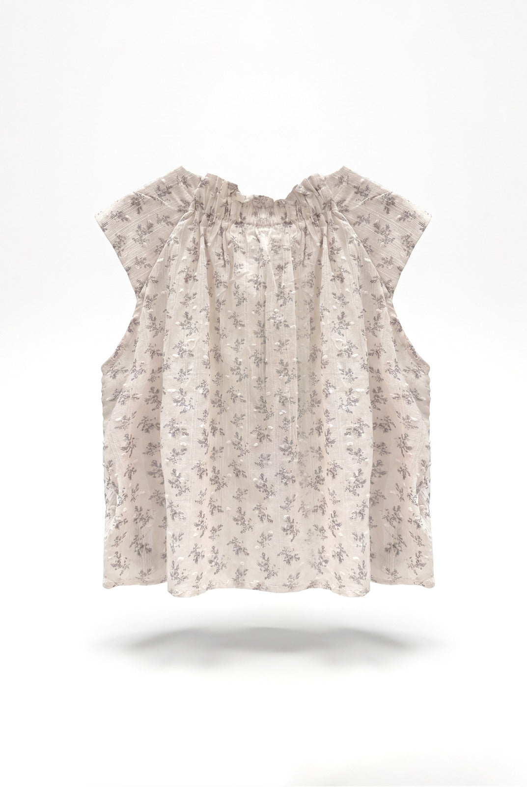Girls Cream Ditsy Floral Print Gathered Neck Flutter Sleeve Top