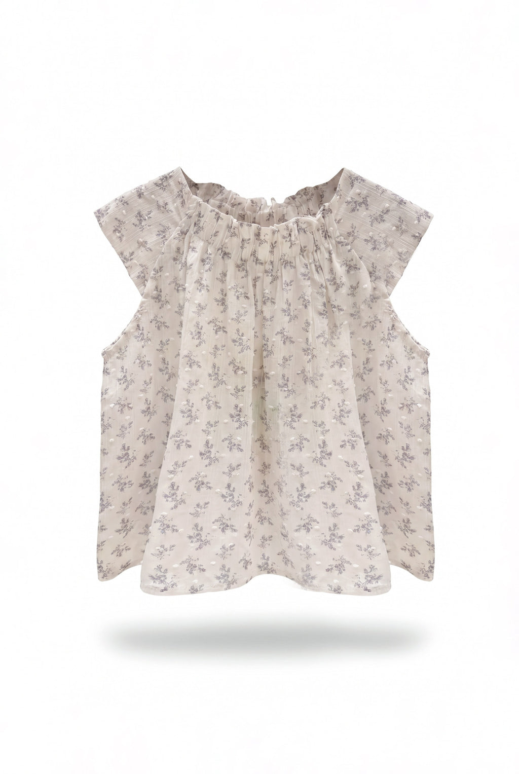 Girls Cream Ditsy Floral Print Gathered Neck Flutter Sleeve Top
