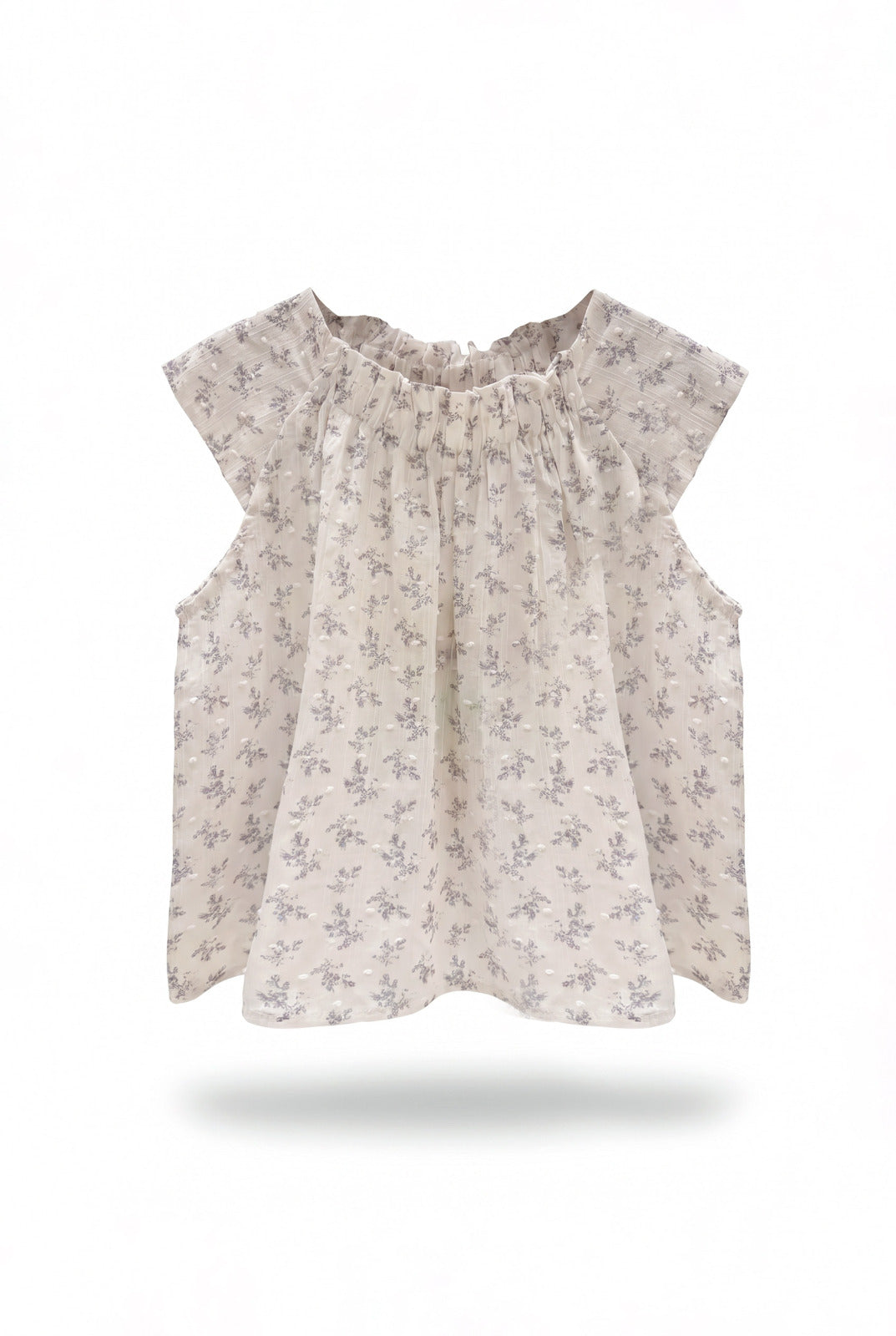 Girls Cream Ditsy Floral Print Gathered Neck Flutter Sleeve Top