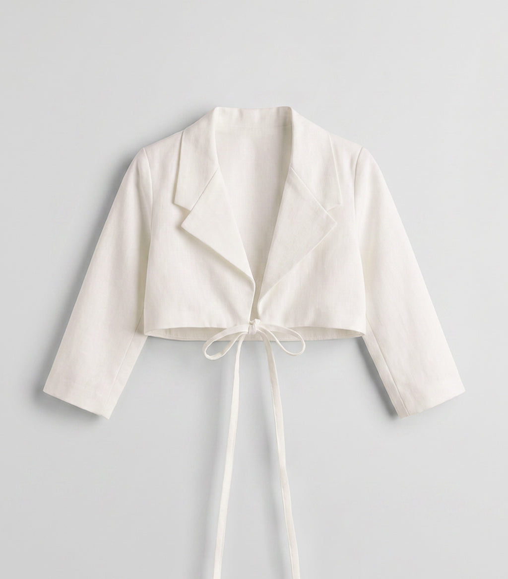 Girls White Tie-Front Cropped Blazer Top