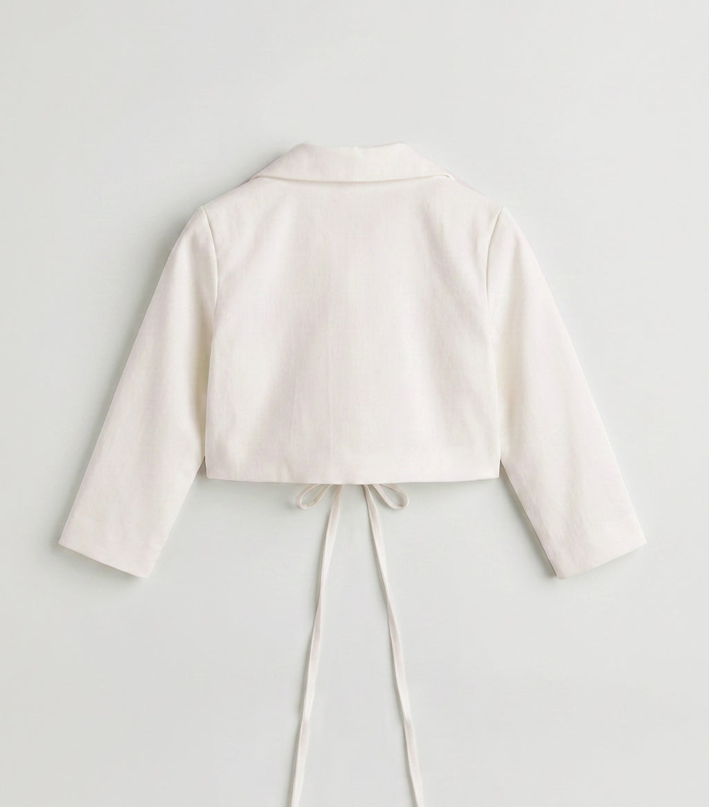 Girls White Tie-Front Cropped Blazer Top