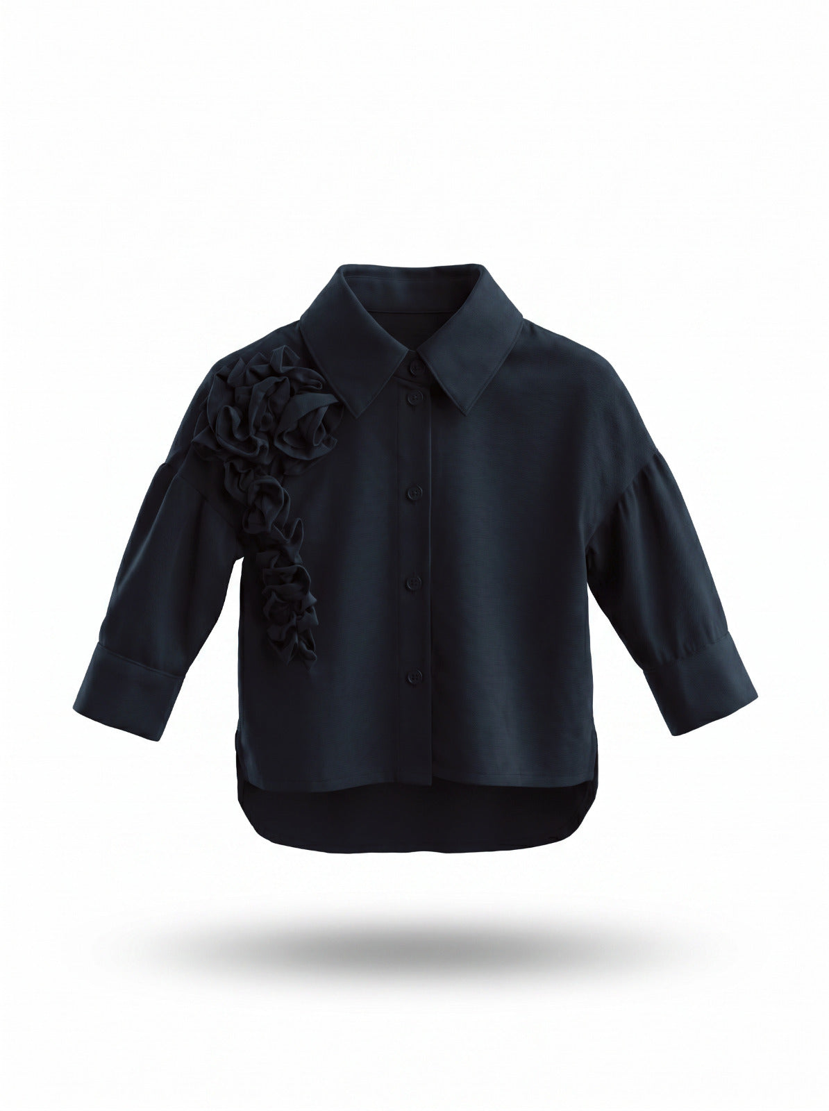 Girls Navy Ruffle Flower Appliqué Button-Down Shirt
