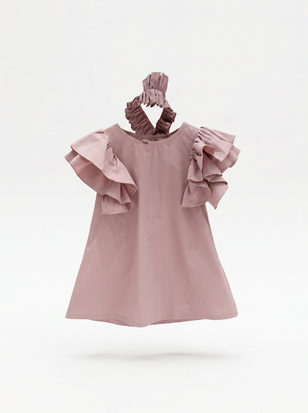 Girls Dusty Pink A-Line Dress with Triple-Tier Ruffle Sleeves & Matching Scrunchie