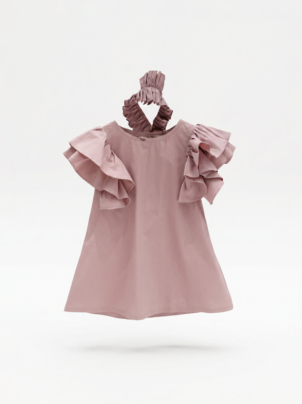 Girls Dusty Pink A-Line Dress with Triple-Tier Ruffle Sleeves & Matching Scrunchie