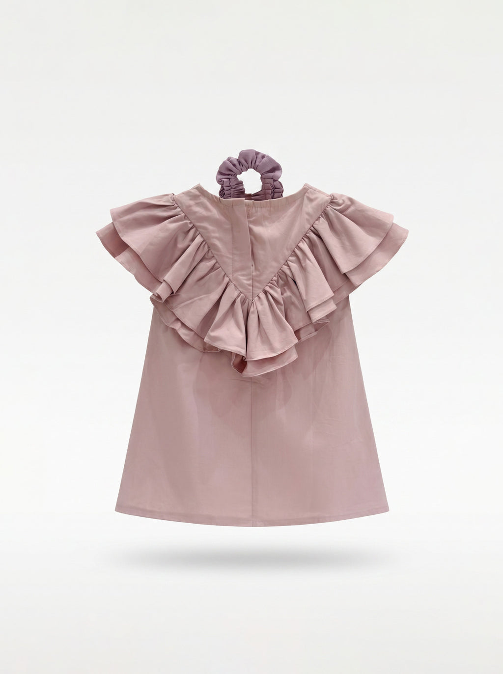 Girls Dusty Pink A-Line Dress with Triple-Tier Ruffle Sleeves & Matching Scrunchie
