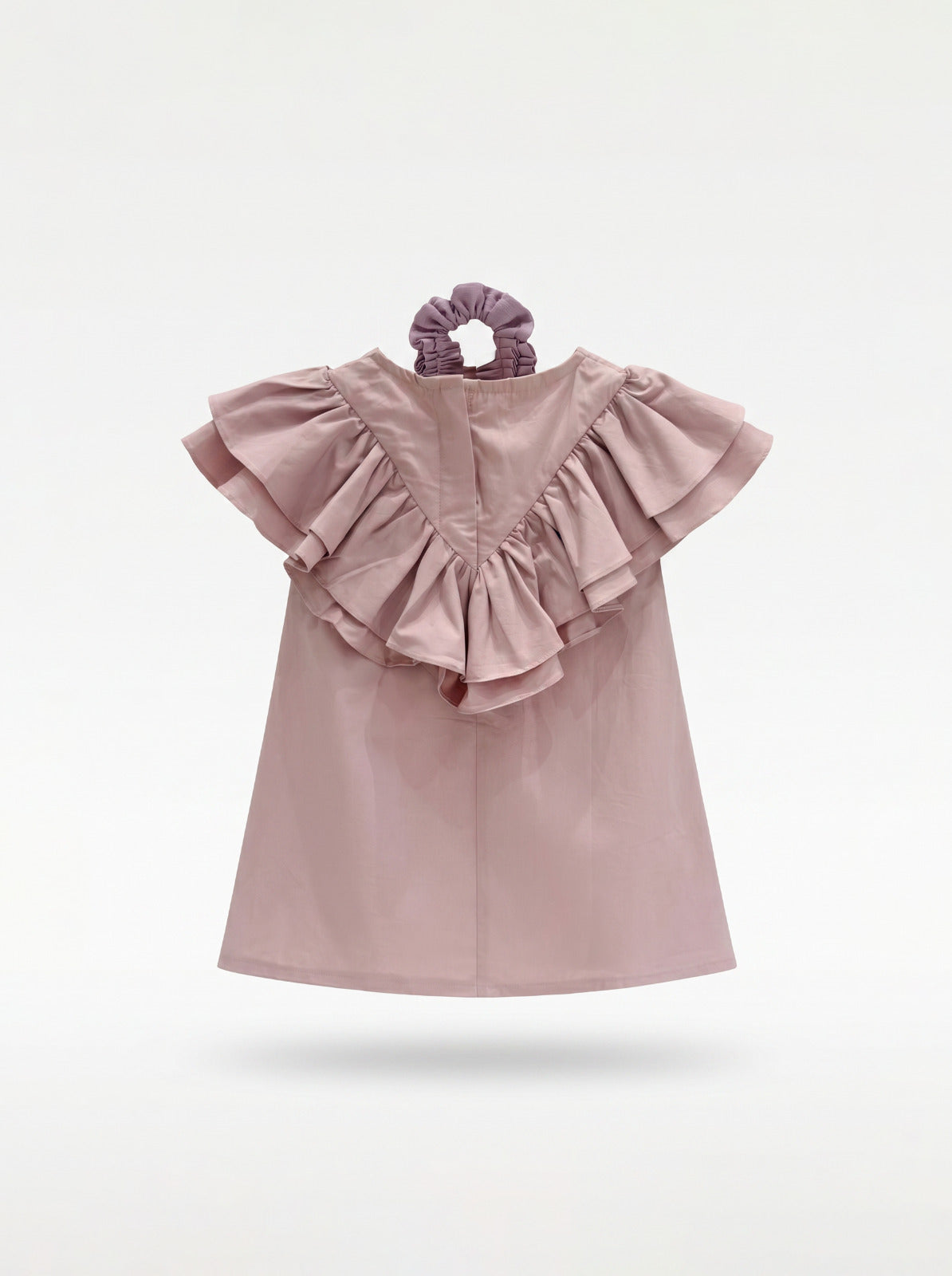 Girls Dusty Pink A-Line Dress with Triple-Tier Ruffle Sleeves & Matching Scrunchie